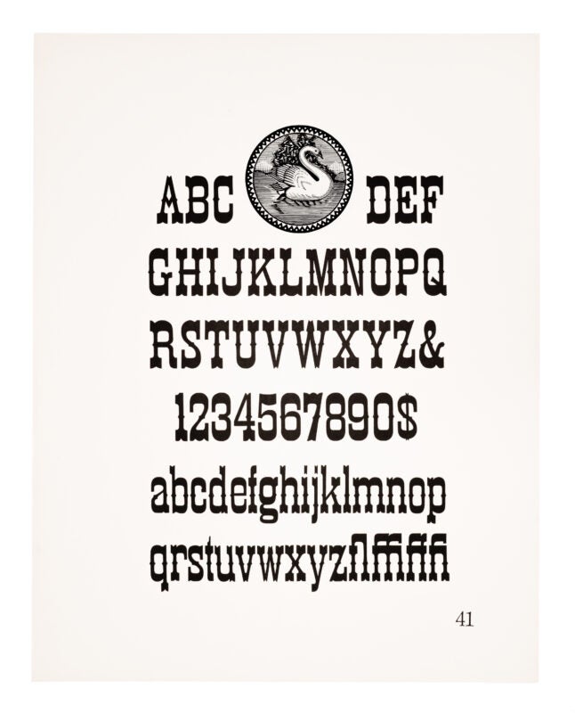 An ornamental seal of a swan sits atop the page positioned in between “ABC” and “DEF”. An antique typeface printed. Black on white paper.