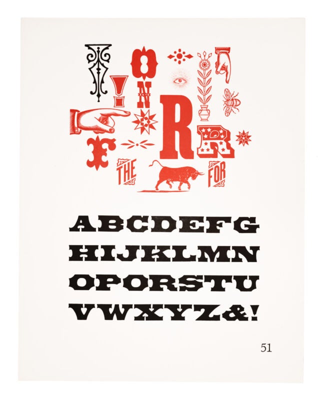 On the top half of the page sits an arrangement of different ornaments and letters. Some of these ornaments include an eye, a bee, an image of a bull, a star, and hand indexes. All printed in red on white paper. One decorative ornament in the top left corner is printed in black. Below rests an antique typeface printed in black on white paper.