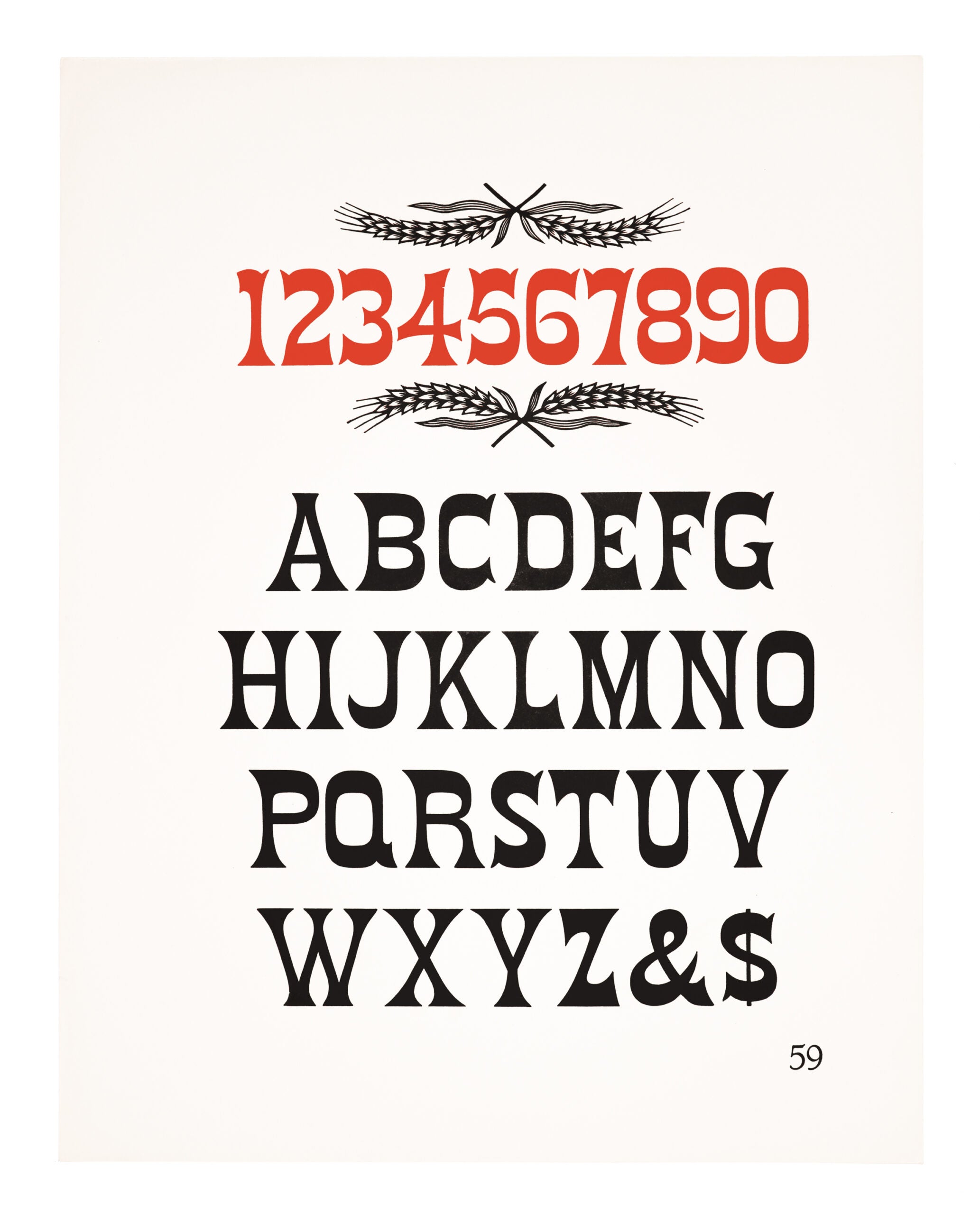 Sitting at the top of the page, 0-9 of an antique typeface is sitting between two ornamental pieces of wheat. The numbers are printed in red on white paper. The capital alphabet of the same antique typeface sits below, all printed in black on white paper.