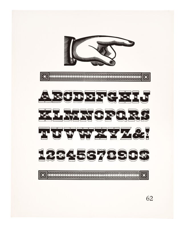At the top of the page sits a hand index. An ornament antique typeface sits below between two rows of an ornamental border. All printed in black on white paper.