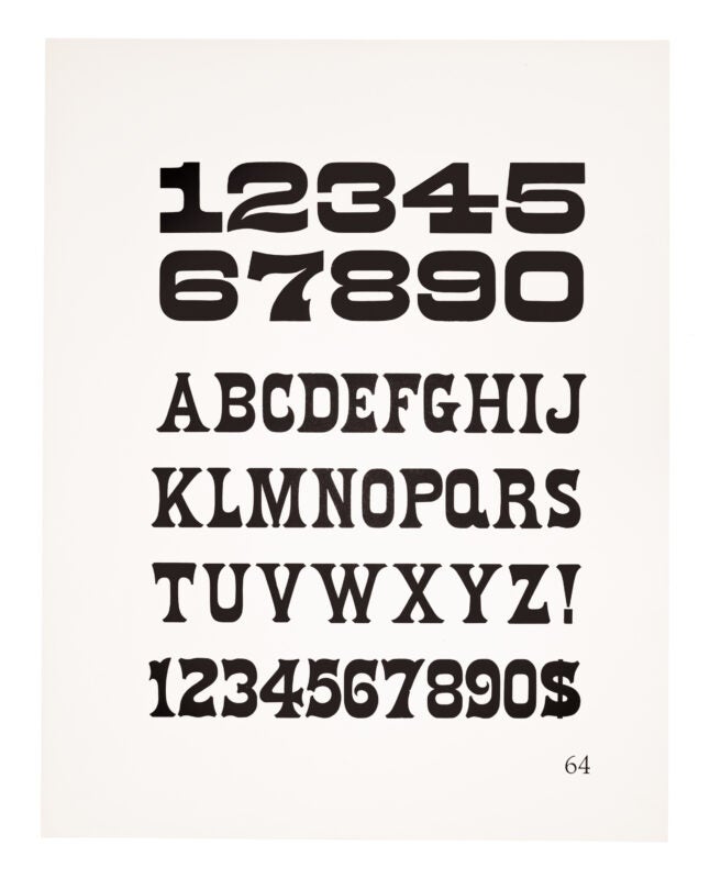 Page 64 Alt: On the top of the page, numbers 0-9 of an antique typeface are printed. Below sits a gothic typeface. All printed in black on white paper.