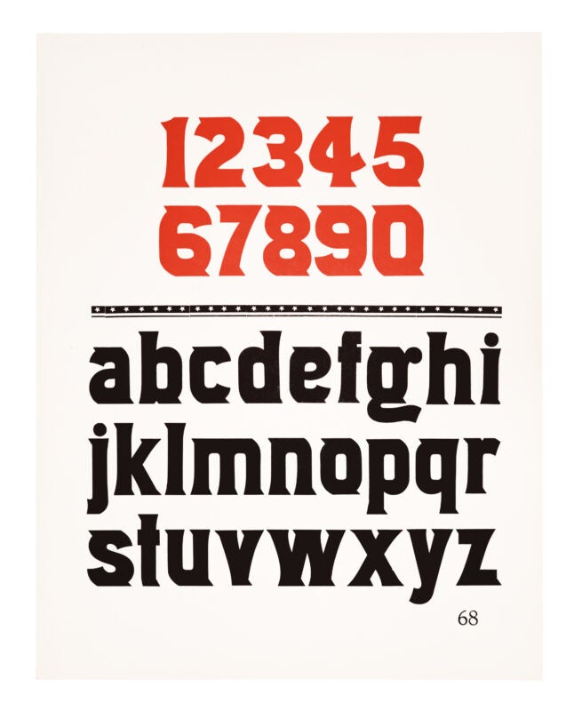 The numbers of a gothic typeface sit on the top half of the page printed in red. On the bottom half sits the lowercase of the antique typeface printed in black.