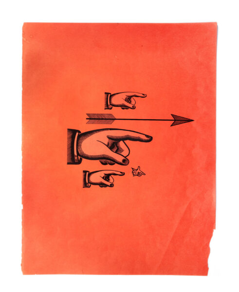 the flysheet from the bound segment of the folio, featuring hands and an arrow pointing to the right, printed in black on red paper