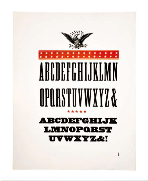 A page from American Wood Types, 1828-1900, Volume I, featuring Antique type printed in black on white paper. Also featured are red star borders on top, and red stars, in the middle. On top is a bald eagle wood engraving