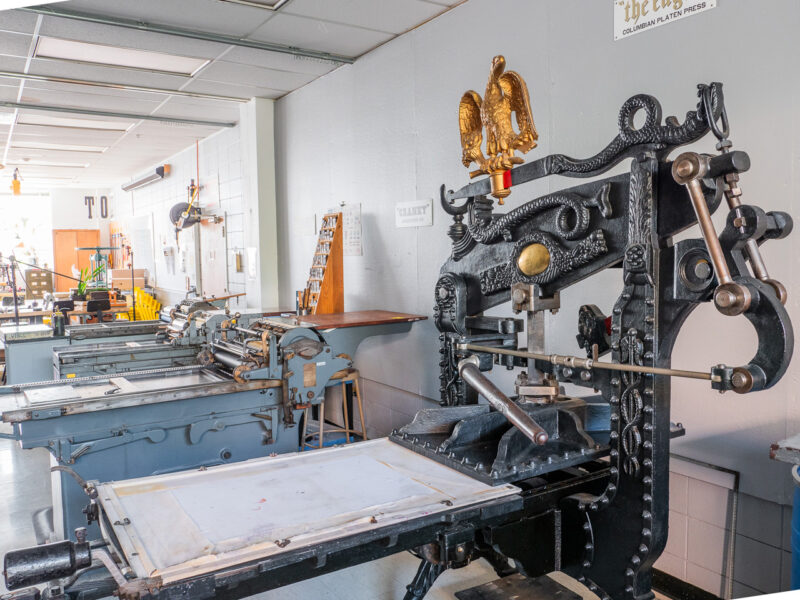 The Columbian press is seen at the front, with our Vandercook 219, Vandercook No. 4, and Asbern press seen beyond.
