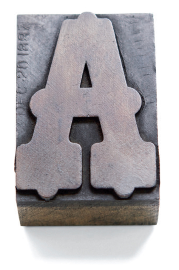 wood type block of letter A made using the die cut method from above