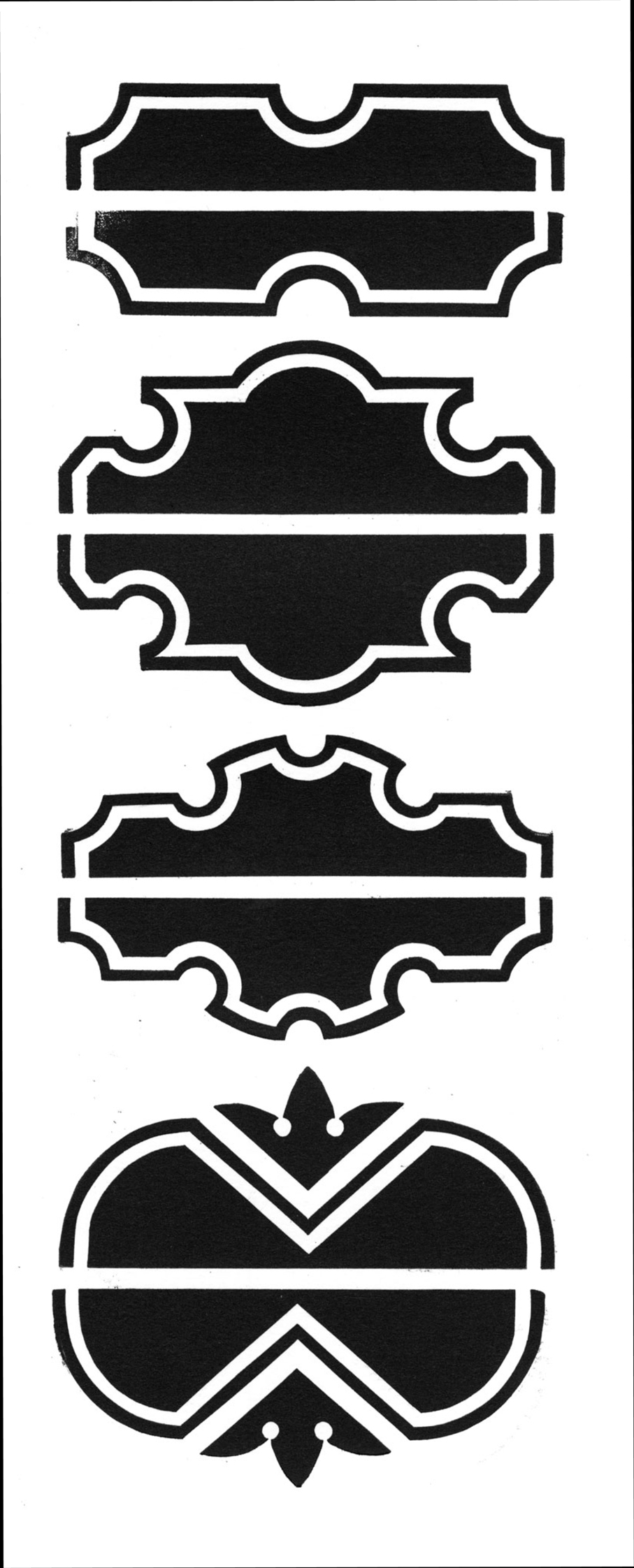 a stack of decorative Streamer Border end pieces, four different pairs, stacked vertically