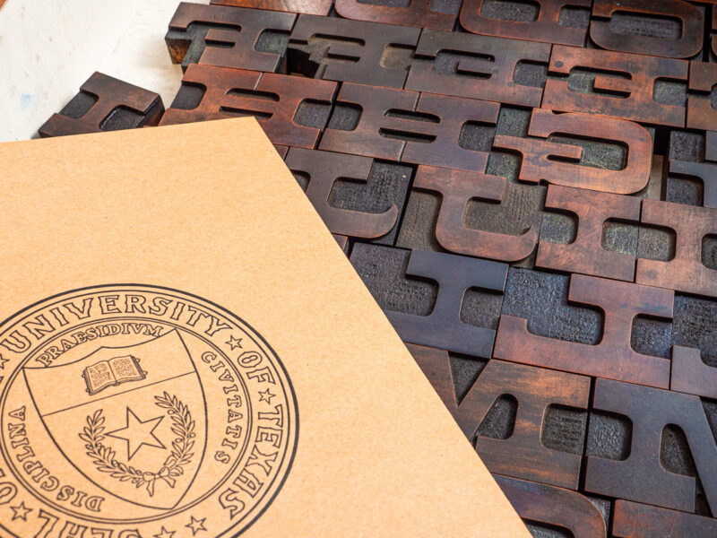 Aldine Expanded wood type from the RRK collection alphabetically sorted in its box with a folder on top