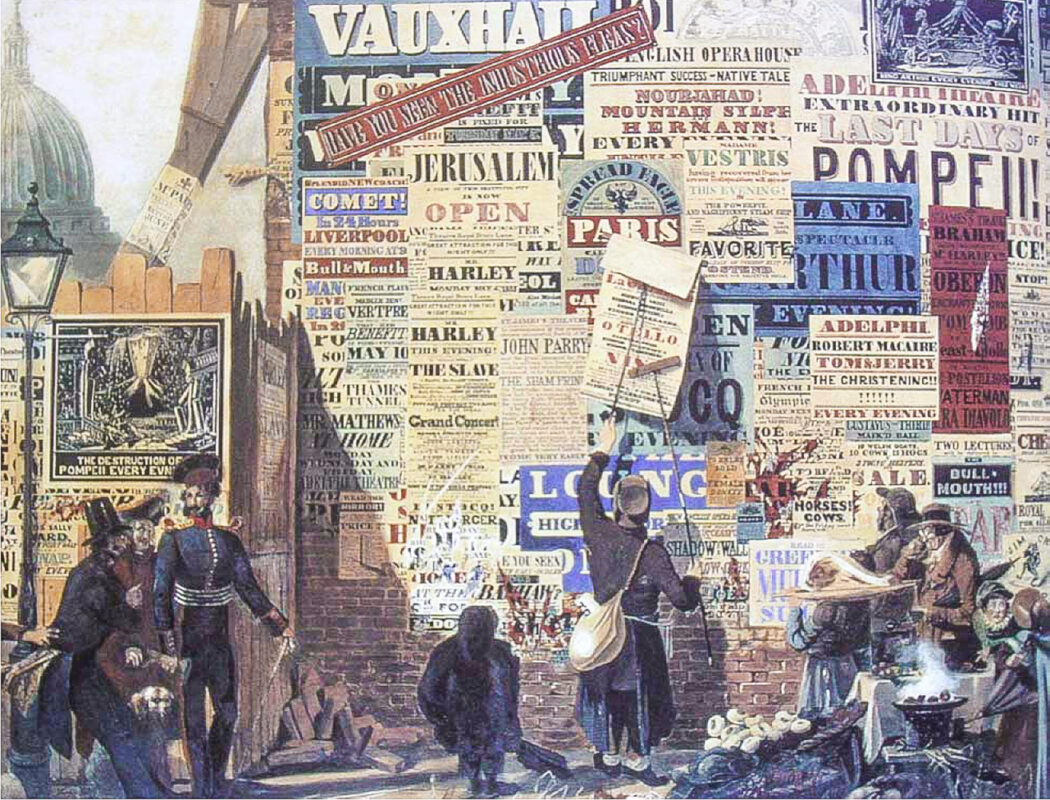 watercolor painting by John Parry from depicting colorful 1830s London street scene with countless wood type printed posters covering the side of a building