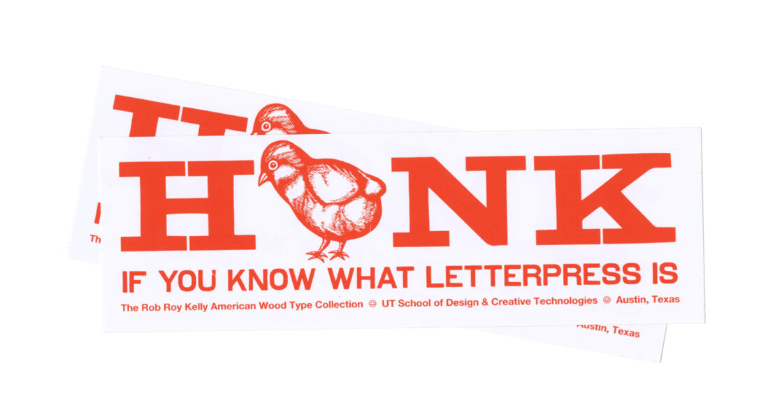 white bumper sticker with red ink featuring RRK wood type and wood cut of a chicken