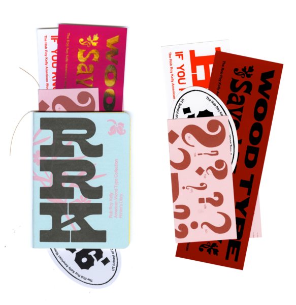small letterpress printed journal with various stickers and prints in pocket featuring RRK wood type