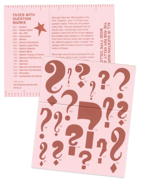 small screen printed guide showing wood type question mark specimens on pink paper