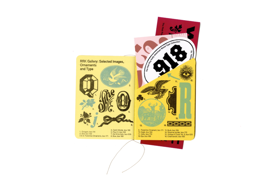 small letterpress printed journal with various stickers and prints in pocket featuring RRK wood type