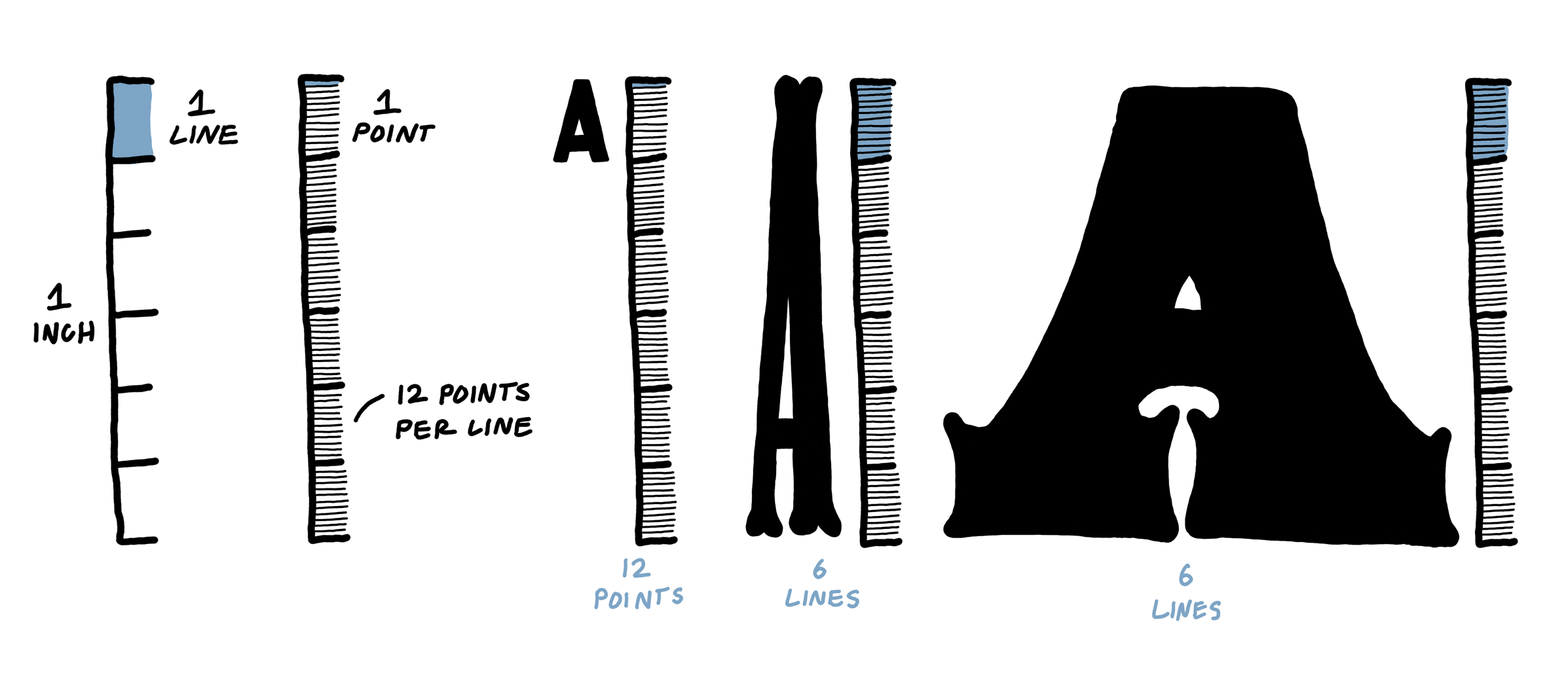 wood type height scales showing that there are 12 points per line, 6 lines per inch and therefore 72 points per inch, scales shown against letters with different widths to show that width isn’t measured with wood type, only height
