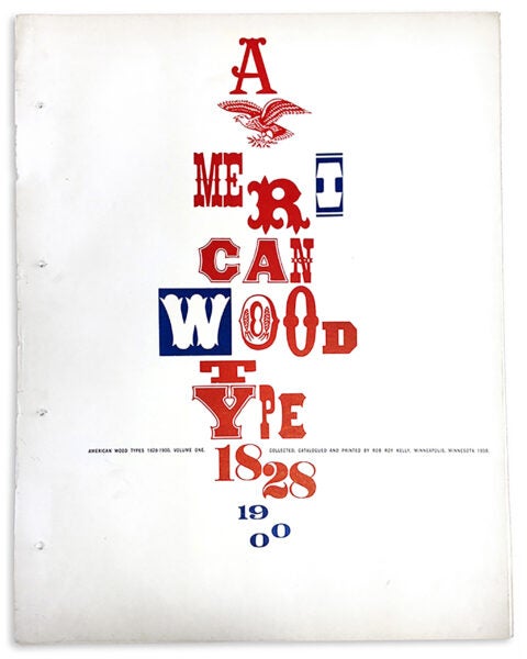 1963 design quarterly publication cover, featuring outlines of wood type characters and two slabs of wood in red and black